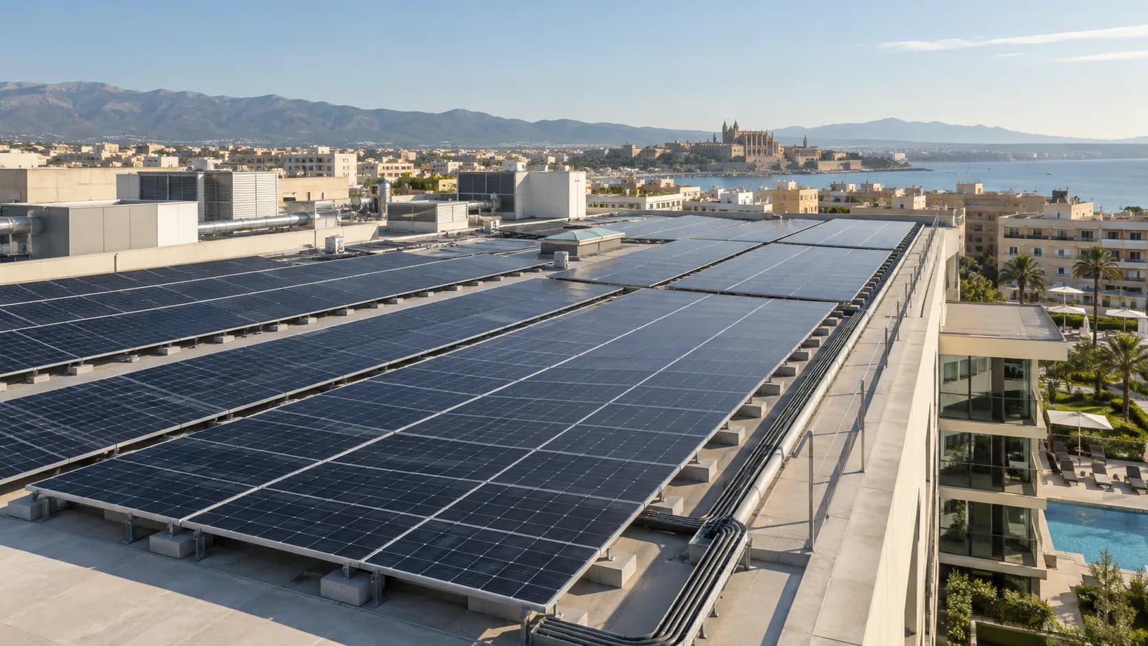 Photovoltaic panels installed on a commercial building roof