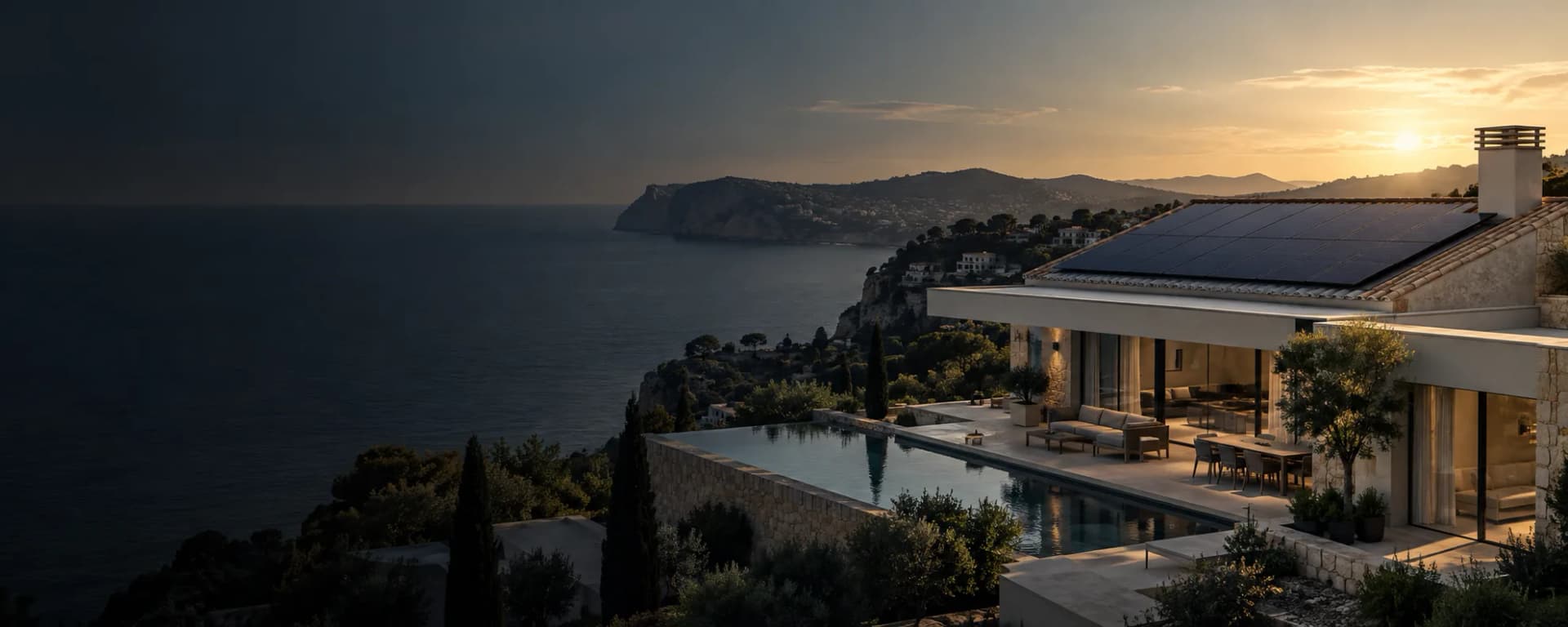 Contemporary Spanish home with photovoltaic panels integrated into the roof