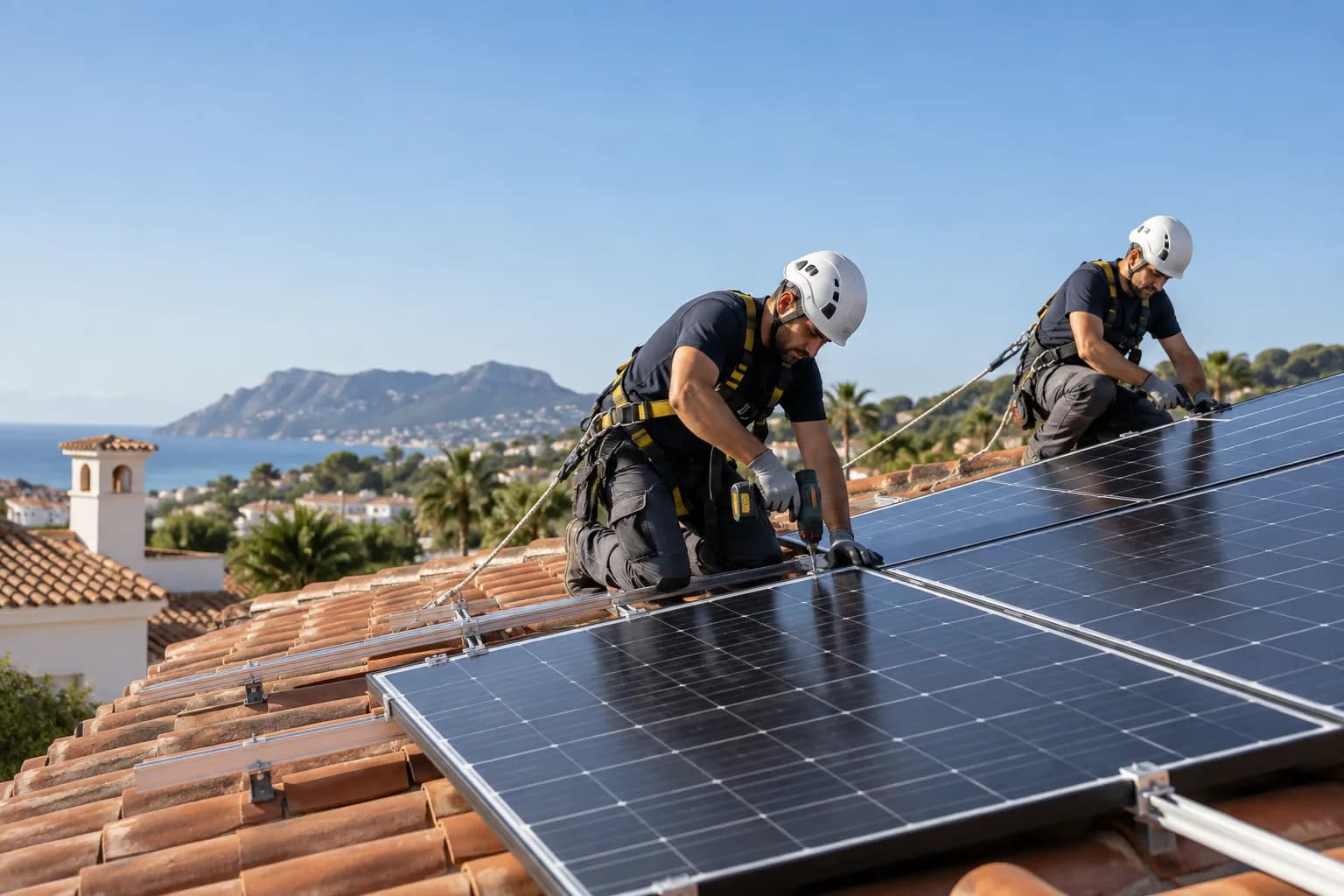 Professional installers using fall protection on a Spanish roof