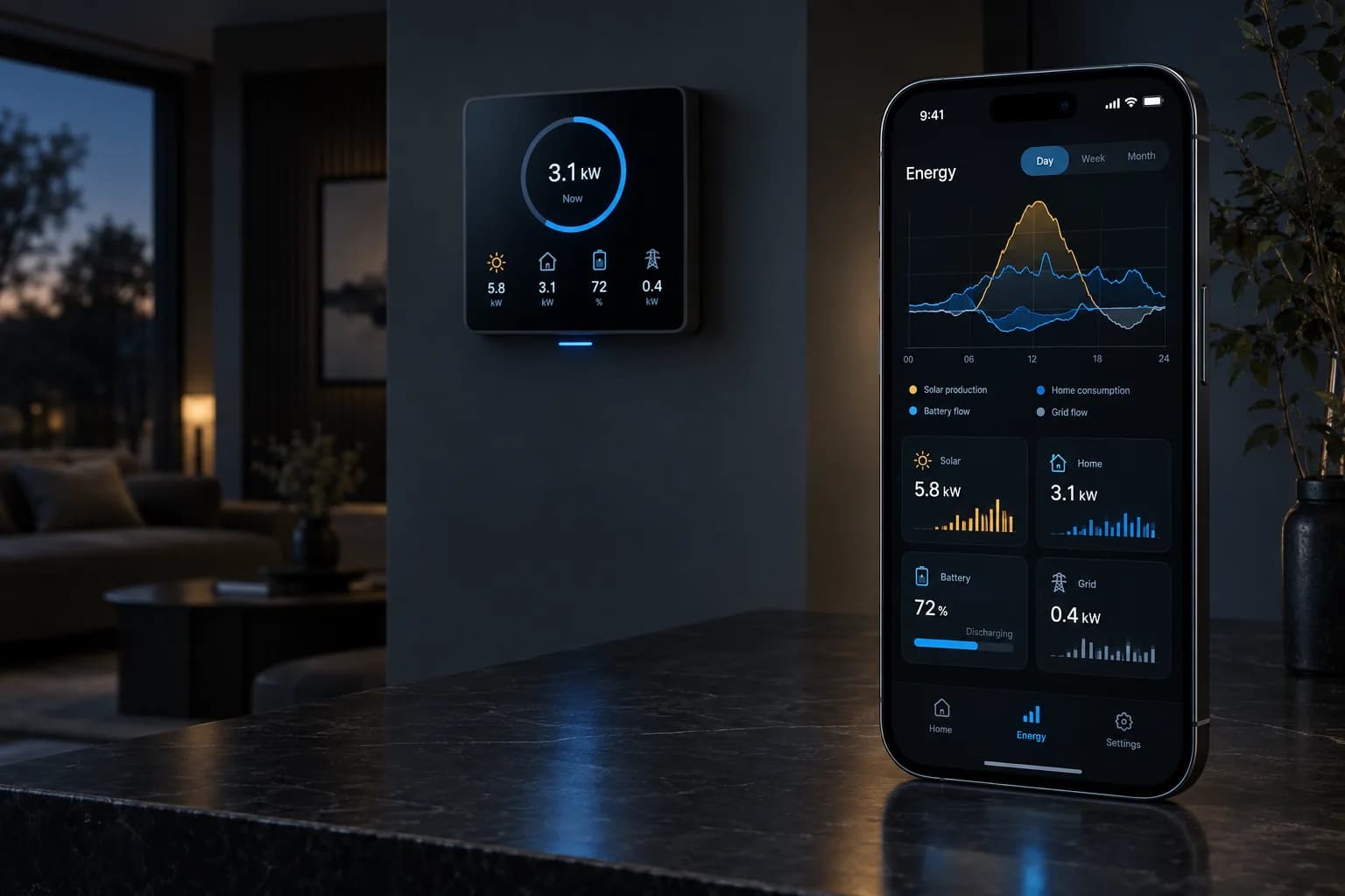 Mobile application monitoring solar production, consumption and battery